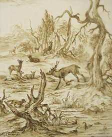 Landscape with deer, fox and ducks. Creator: Michiel Carree.