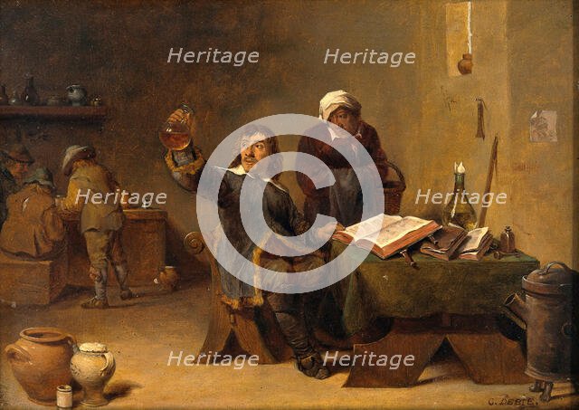 A medical practitioner examining a urine flask, c1680s. Creator: Follower of David Teniers II.