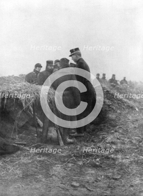 Albert I, the third King of the Belgians, visiting the trenches of Avecapelle, Belgium, 1915. Artist: Unknown