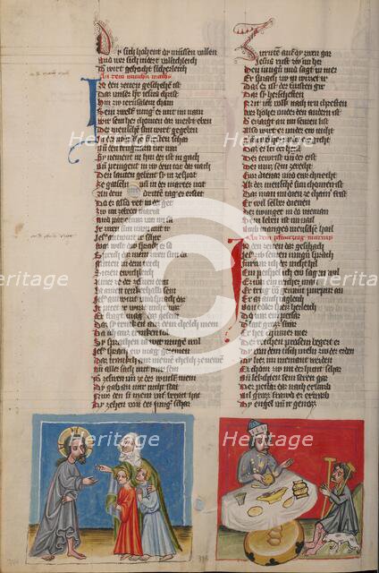 Zebedee's Wife with her Sons before Jesus: Dives and Lazarus; Weltchronik, about 1400-1410. Creator: Unknown.