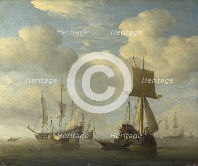 An English Vessel and Dutch Ships Becalmed, c. 1660. Artist: Velde, Willem van de, the Younger (1633-1707)