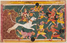 A page from the Devi-Mahatmya: The Goddess as the Drinker of the Demon Raktabija, c. 1640. Creator: Unknown.