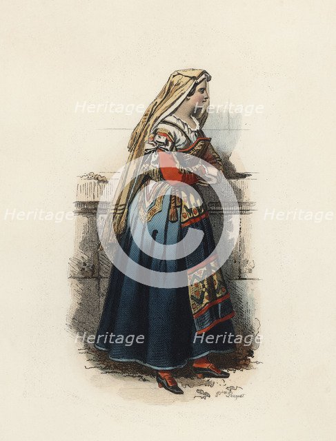 Woman from Cervera (Kingdom of Naples), color engraving 1870.