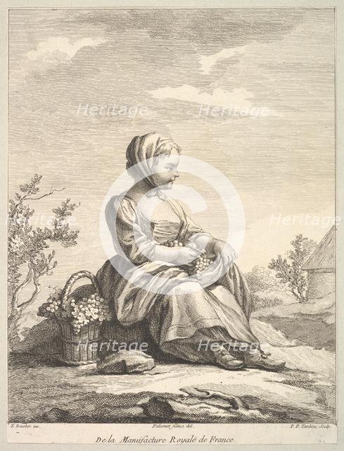 Little girl holding grapes with a basket of them by her side, from Deuxième Livre de..., after 1757. Creator: Pierre Francois Tardieu.