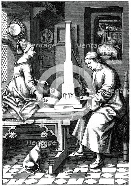 German musician executing a piece of music upon a portable organ, 15th century, (1870).Artist: Israel van Mecken
