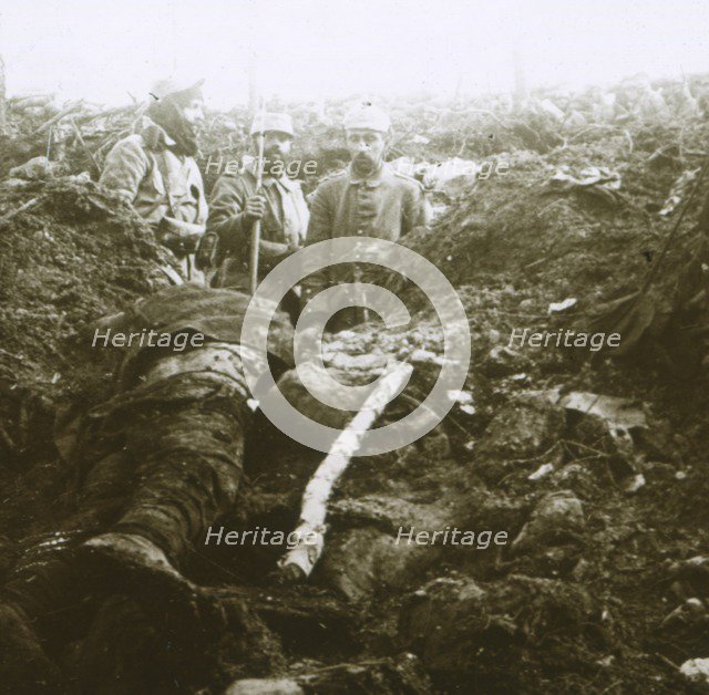 Bodies and prisoners, Les Éparges, northern France, 1915.  Artist: Unknown.