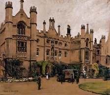 World War I: a neo-Gothic building used as a hospital, with an ambulance.., c1910s. Creator: Walter Ernest Spradbery.