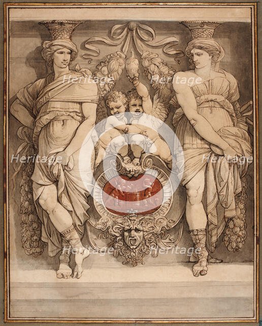 Two Caryatid Figures Framing A Cartouche With Two Cupids (Deux Figures De Cariatides..., late 1770s. Creator: Giuseppe Cades.
