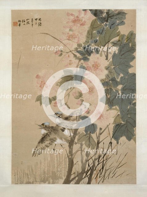 Hibiscus and flying kingfishers, 1894. Creator: Ren Yi.