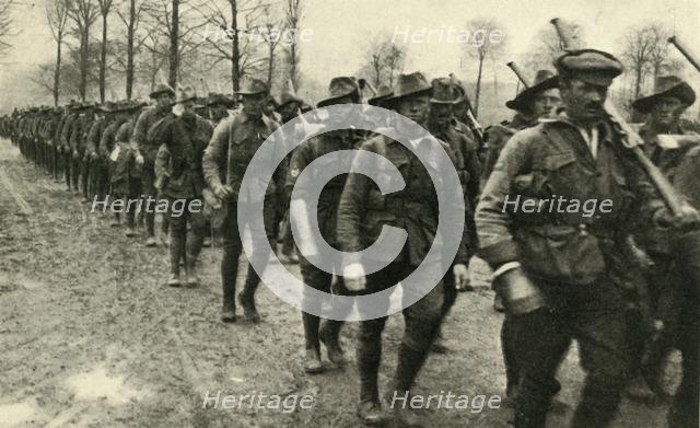 ANZAC soldiers marching to the front, France, First World War, c1916, (c1920). Creator: Unknown.
