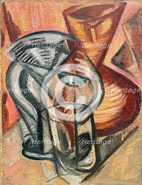 Ceramic vase and glass vessels, Early 1910s. Creator: Rozanova, Olga Vladimirovna (1886-1918).