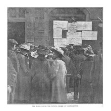 'The Scene Round the Fateful Board at Southampton', April 20, 1912. Creator: Unknown.