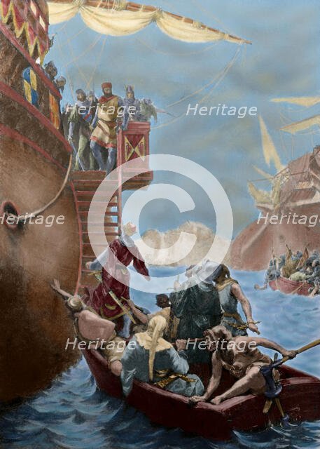 Roger of Lauria receives the son of Charles of Anjou as a prisoner, (19th century).  Creator: Unknown.