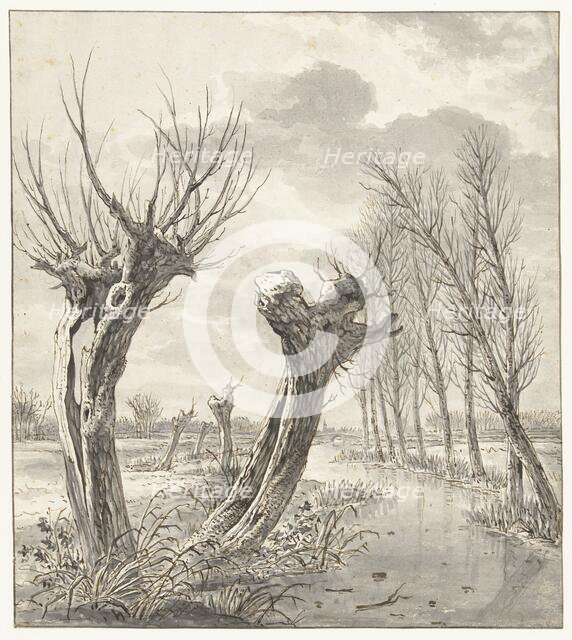 Winter landscape with pollard willows along a frozen ditch, 1766-1815. Creator: Jacob van Strij.