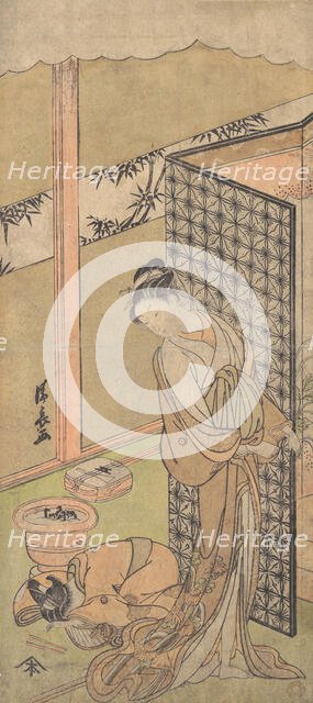 An Oiran in Night Attire, pausing, with one Hand on the Screen that Surrounds Her Bed,..., ca. 1770. Creator: Torii Kiyonaga.