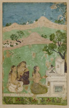 Bhairavi Ragini (a musical mode): three figures before a shrine, ca. 1725. Creator: Unknown.
