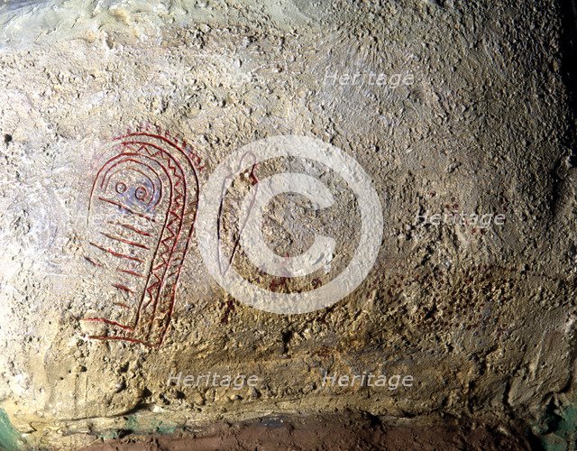 Replica of the idol of Peña Tu (Llanes, Asturias), the original is on a monolith: engraving highl…