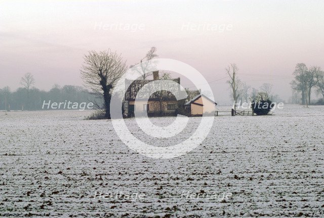 Cottage in a snowy field, Eye, Suffolk. Artist: Tony Evans