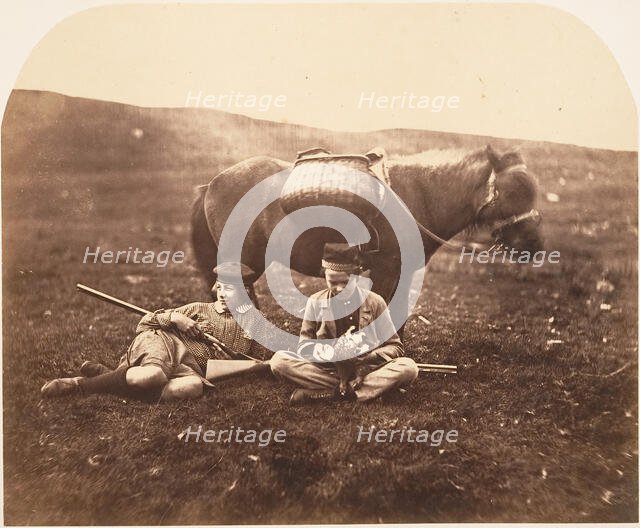 Charlie and Peel Ross with Horse after a Hunt, ca. 1856-59. Creator: Horatio Ross.