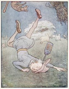 The man in the moon came tumbling down, from A Nursery Rhyme Picture Book, pub. 1914. Creator: Leonard Leslie Brooke (1862 - 1940).
