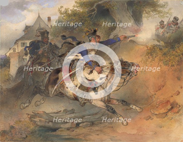 The Foraging Hussar, 1840. Artist: Schindler, Carl (1821-1842)