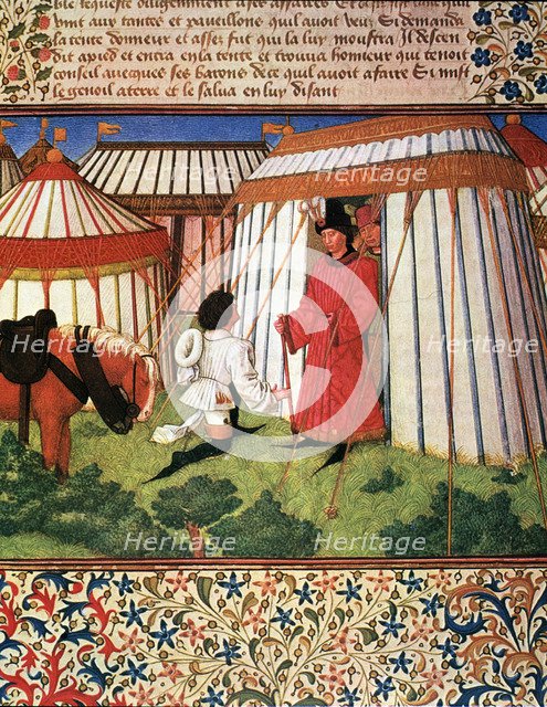 Knight kneeling before the tent of honor, Miniature in 'Roman de la Rose', illuminated manuscript…