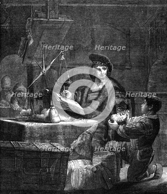 "The Gold-Weigher," etching by Rembrandt, 1870. Creator: Unknown.