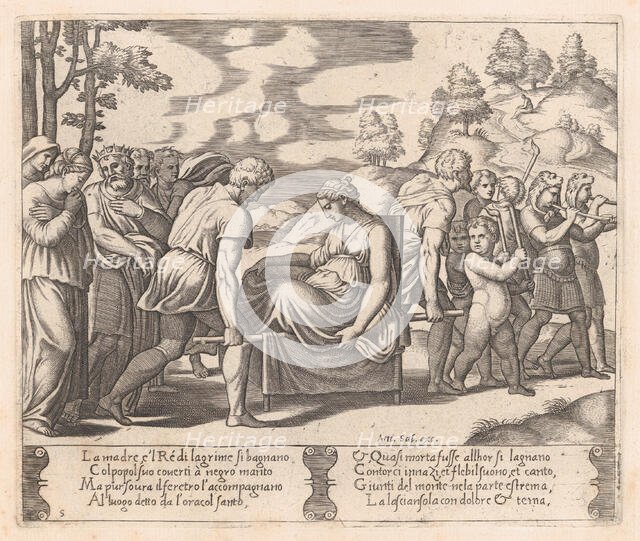 Plate 5: Psyche, seated, being taken to a mountain with a musical troupe lead the way, ..., 1530-60. Creator: Master of the Die.