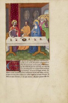 Judas Seated at a Table between Christ and the Virgin, about 1480-1490. Creators: Master of Guillaume Lambert, Workshop of Master of Guillaume Lambert.