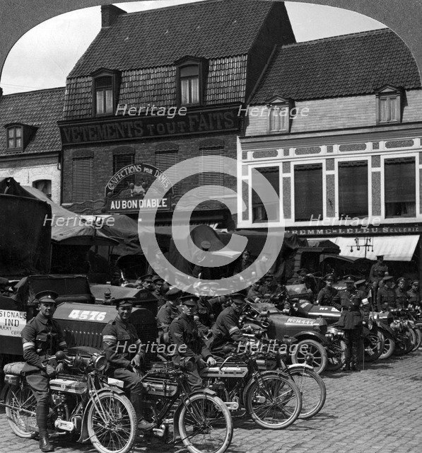 Lorries and motorcycles of the Indian Army Corps, Merville, France, World War I, 1914-1918.Artist: Realistic Travels Publishers