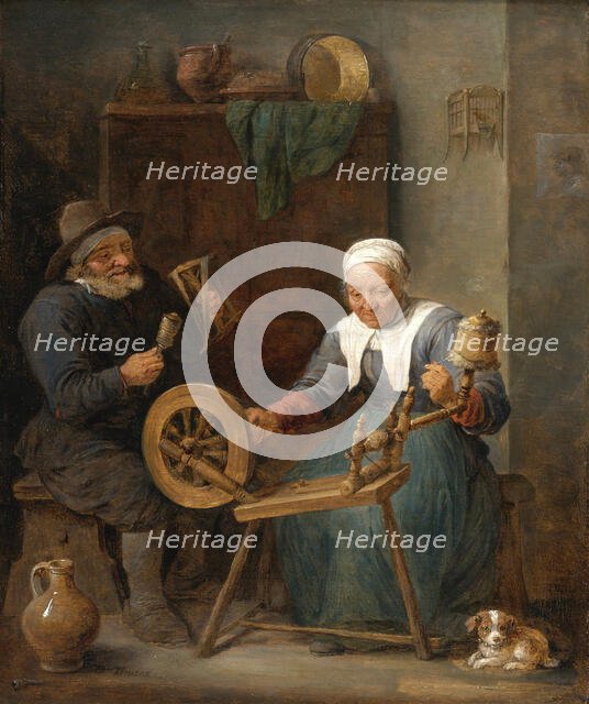 An Elderly Couple Spinning Wool in an Interior , 17th century. Creator: Teniers, David, the Younger (1610-1690).