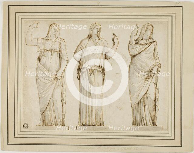 Three Roman Statues of Draped Female Figures and Sketch of Another Statue in Profile to Right, n.d. Creator: Unknown.