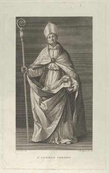 Saint Andrea Corsini dressed as Bishop of Fiesole, holding a crosier and looking ..., ca. 1780-1841. Creator: Francesco Rosaspina.