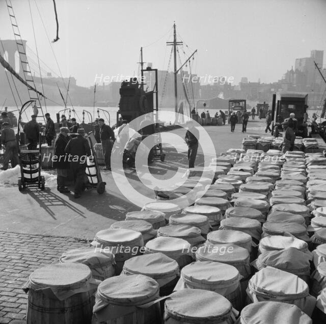 Barrels of fish caught off the New England coast waiting to be shipped to..., New York, 1943. Creator: Gordon Parks.