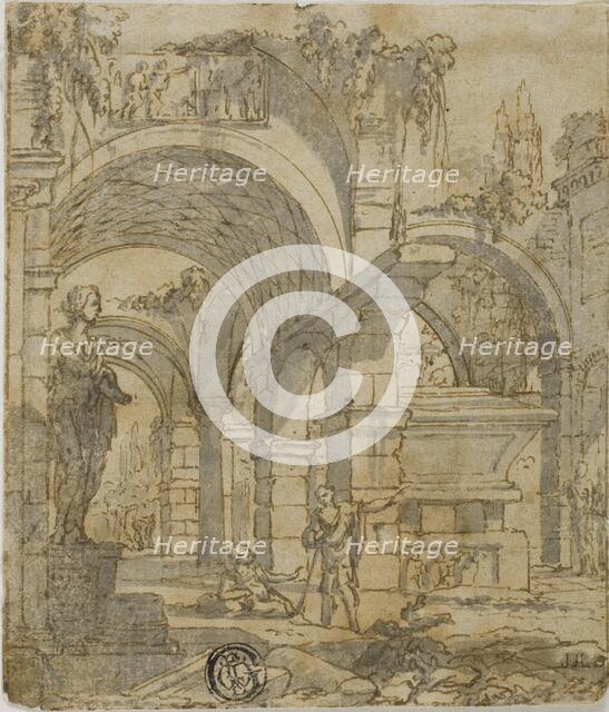 Roman Ruins and Two Figures, n.d. Creator: Giovanni Paolo Panini.
