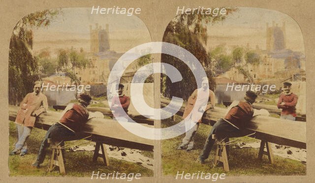 Three men at a table outside, castle in background, 1857-1862. Creator: Roger Fenton.