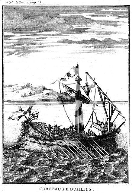 Roman war galley equipped with a corvus (right), 18th century. Artist: Unknown