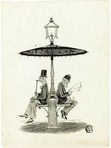 Two Gentlemen Seated Under Lamp Post with Japanese Umbrella, 1850/1911. Creator: S.F. Paynter.