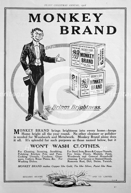 Advert for Brooke's Monkey Brand soap, 1918. Artist: Unknown