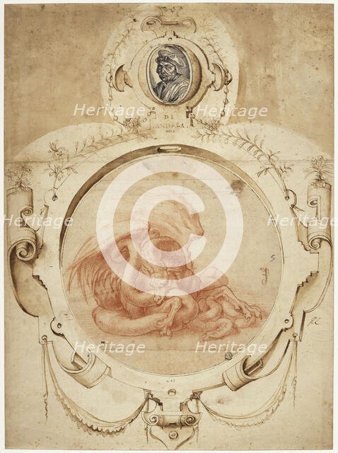 Dragon devouring a snake. With a Portrait of Andrea del Sarto, First quarter of 16th cen. Creator: Andrea del Sarto (1486-1531).
