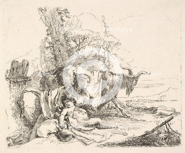 Woman and infant satyr in a landscape, the woman twisting to look over her left sho..., ca. 1740-42. Creator: Giovanni Battista Tiepolo.