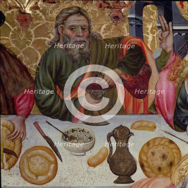 Last Supper', detail of Jesus sitting among the apostles.