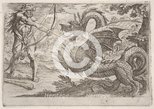 Hercules and the Serpent Ladon: Hercules draws his bow, the rearing serpent appears in pro..., 1608. Creator: Antonio Tempesta.