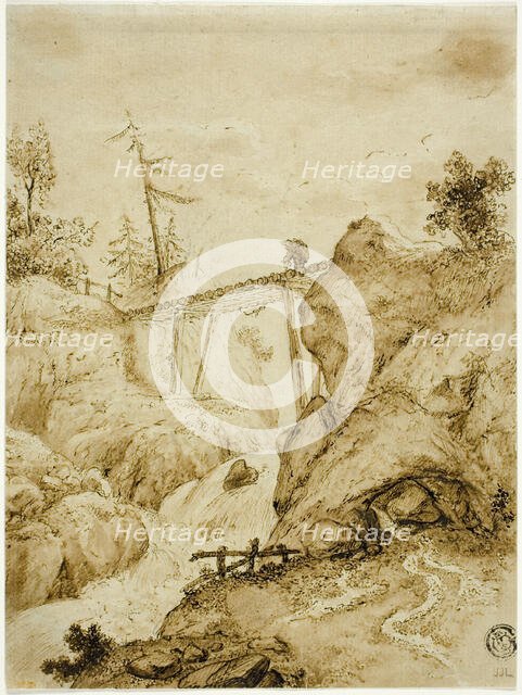 Man Crossing Log Bridge over Torrent, n.d. Creator: Jan van Eyck.