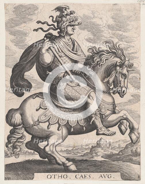 Plate 8: Emperor Otho on Horseback, from 'The First Twelve Roman Caesars', after Tempes..., 1610-50. Creator: Matthaus Merian.
