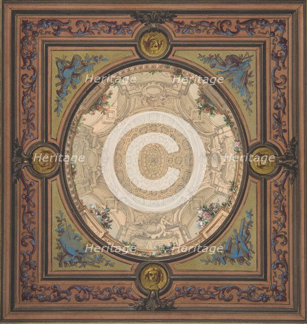 Design for the decoration of a ceiling with a trompe l'oeil painting of a coffered dome, 1830-97. Creators: Jules-Edmond-Charles Lachaise, Eugène-Pierre Gourdet.