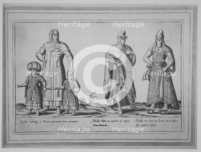 Gestus habitusq. in Turcia puerorum foras exeuntium; Mulier Turca cui amictui est tegmen M..., 1580. Creator: Abraham de Bruyn.