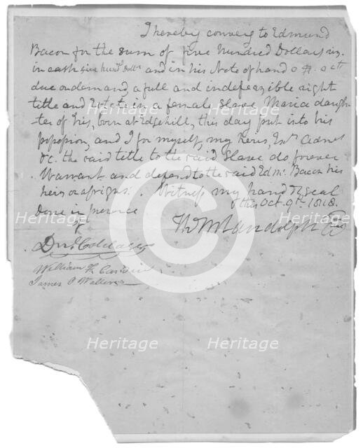 State's conveyance of $500 to Edmund Bacon for slave, Maria, 1818-10-09. Creator: Unknown.