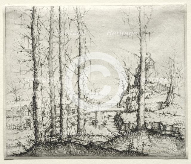 River Landscape with Five Bare Spruce Trees in the Foreground, 1549. Creator: Augustin Hirschvogel (German, 1503-1553).