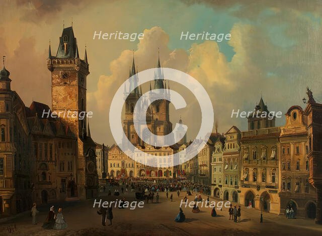 The Old Town Square in Prague, 1864. Creator: Ferdinand Lepie.